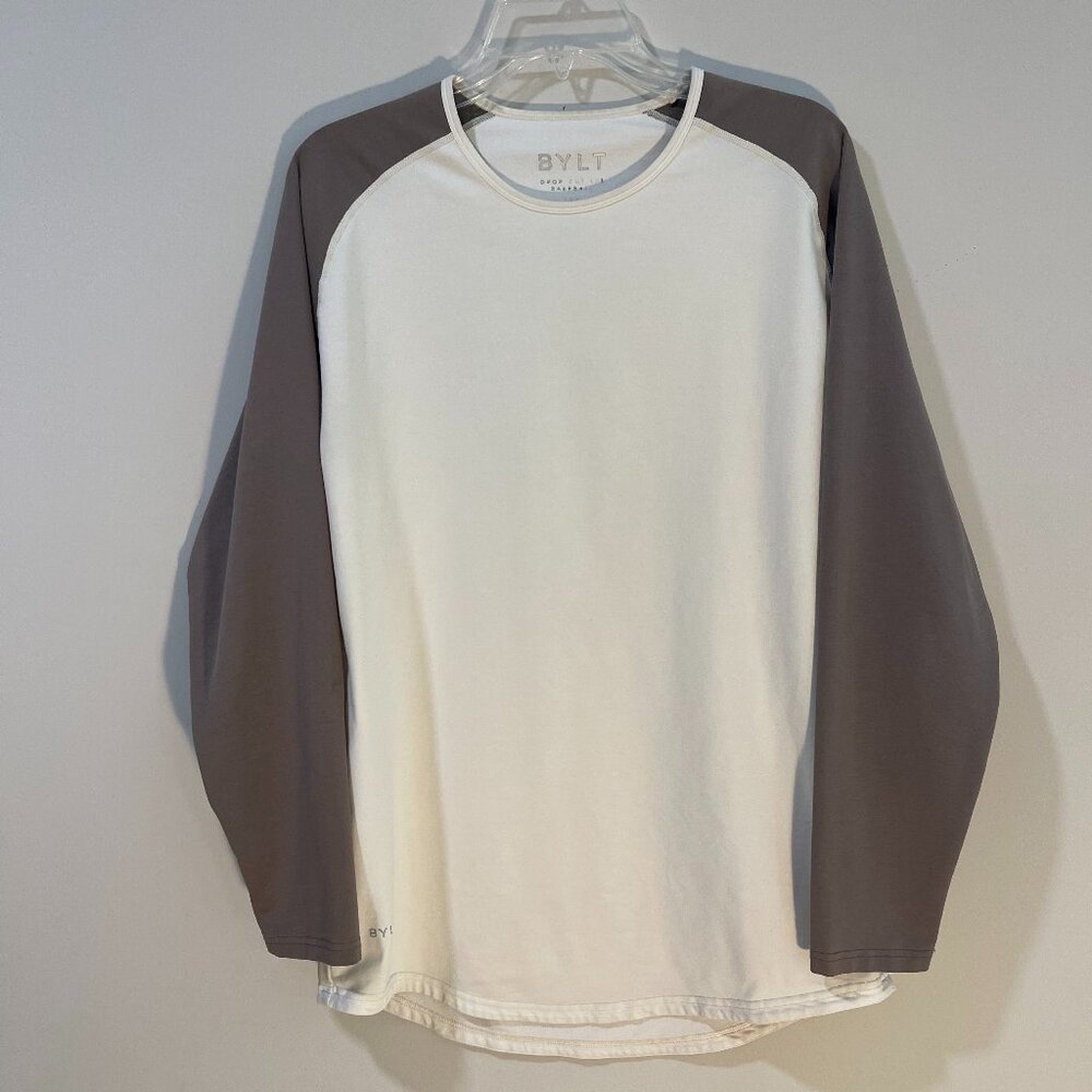 Mens BYLT Basics Drop Cut Long Sleeve Baseball Tee LUX - White/Tan